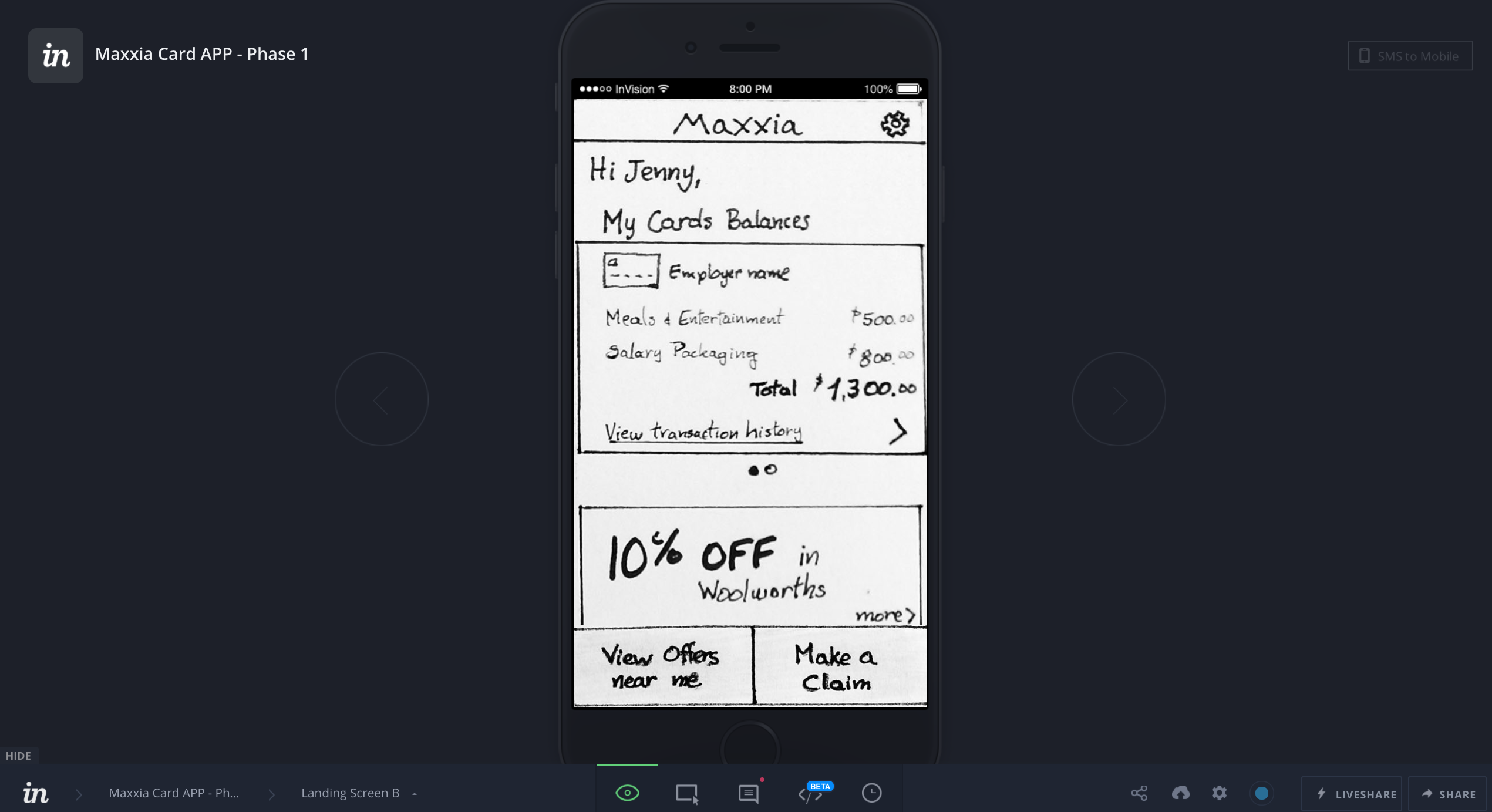 Maxxia Card APP sketch prototype